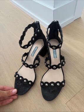 Prada Black Suede Scalloped Studded Block-Heel Sandals